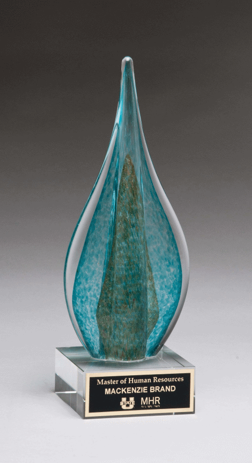 Teal and Green Flame-shaped Art Glass with Gold Metallic Accent