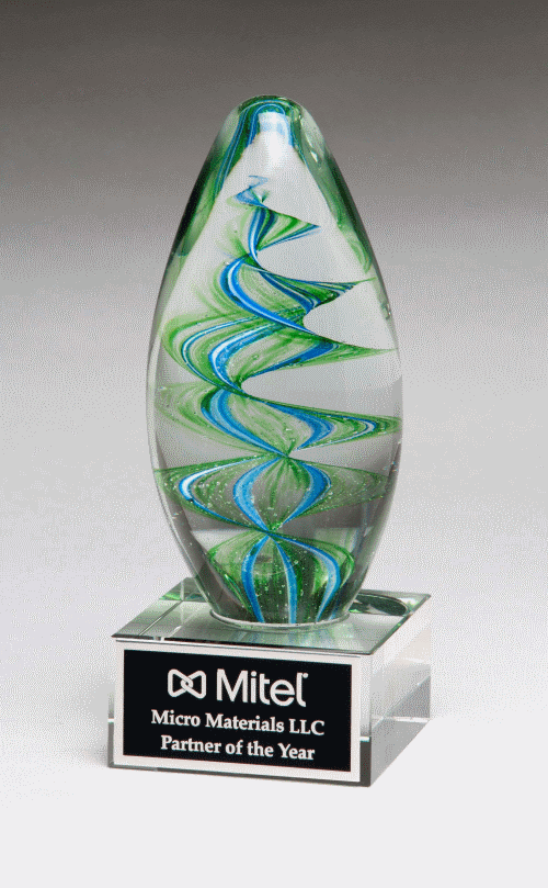 Egg shaped Art Glass with Blue and Green Helix Design