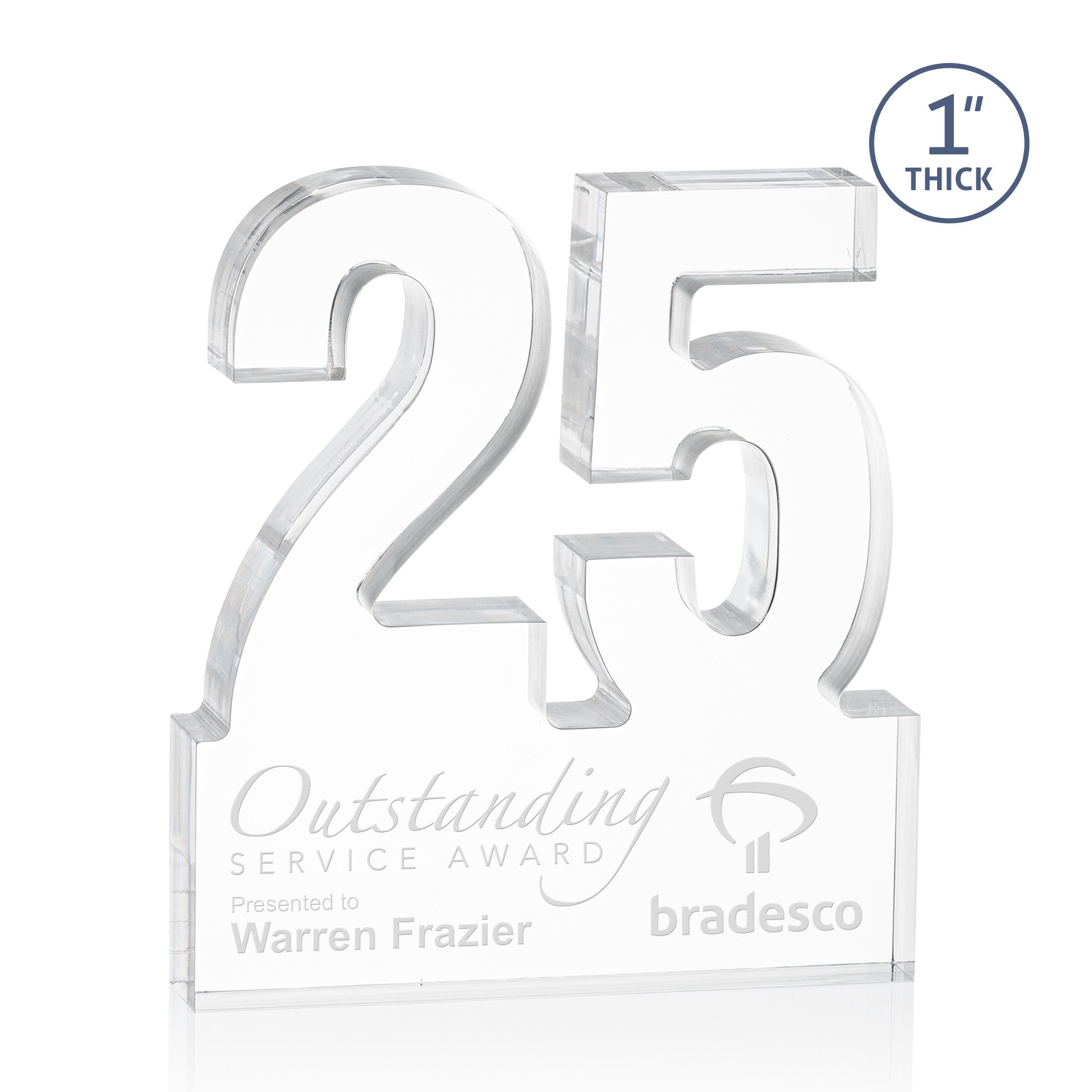 acrylic cut out in the shape of a twenty five with space at the bottom for personalization