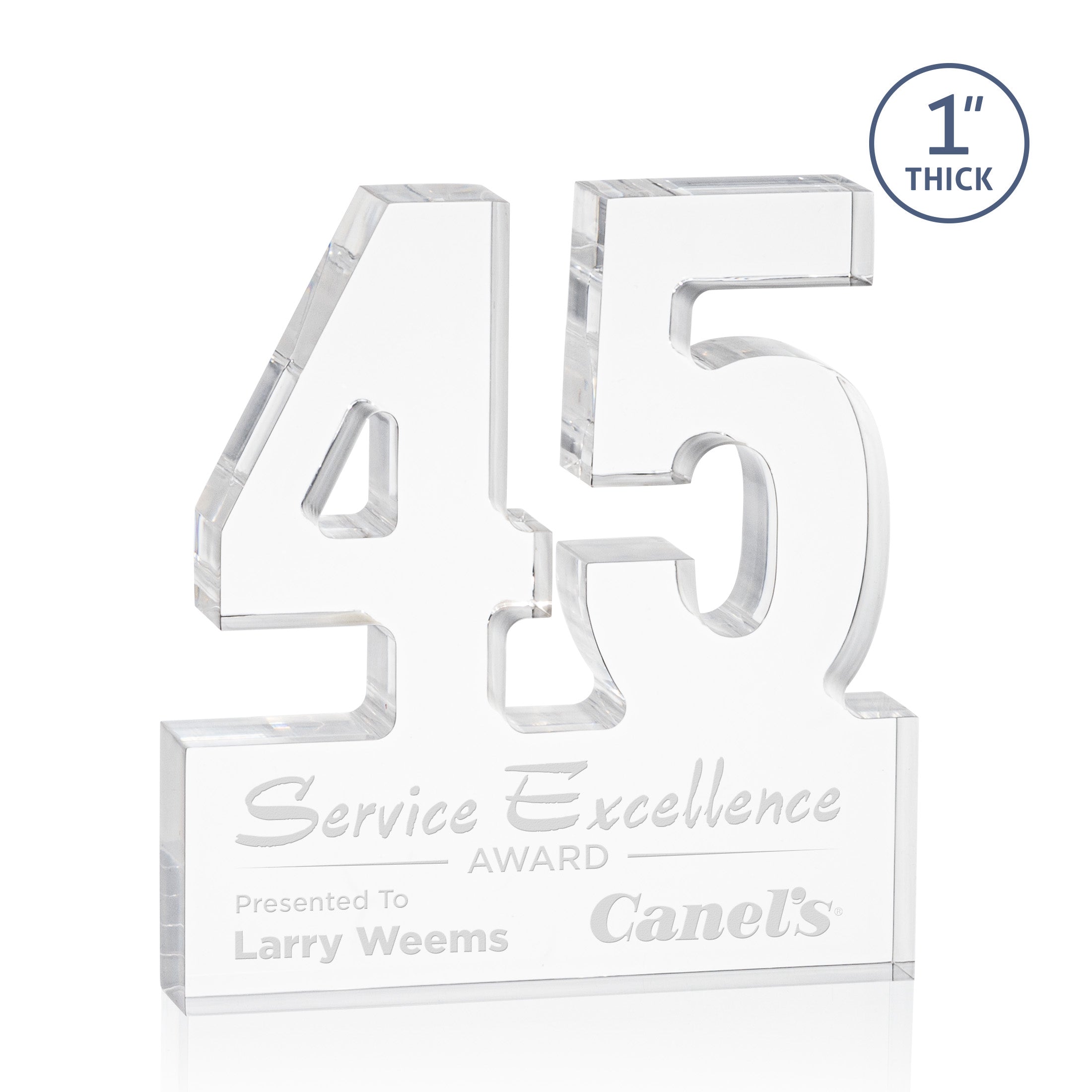 acrylic cut out in the shape of a forty five with space at the bottom for personalization