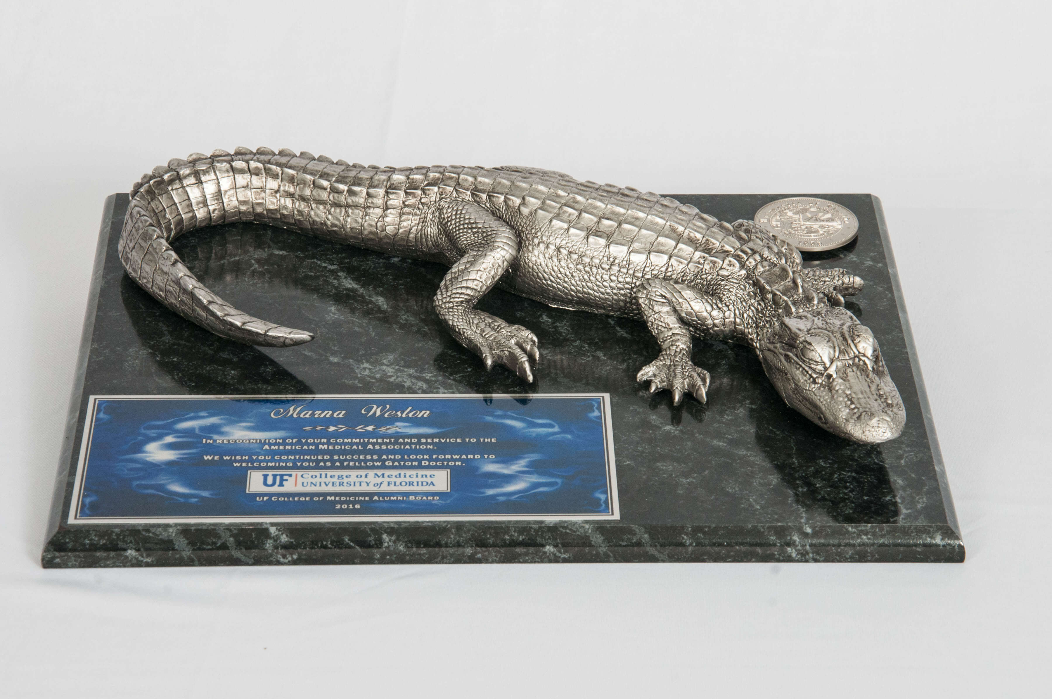 Large Pewter Gator on 15 x 12 Black Marble Plaque