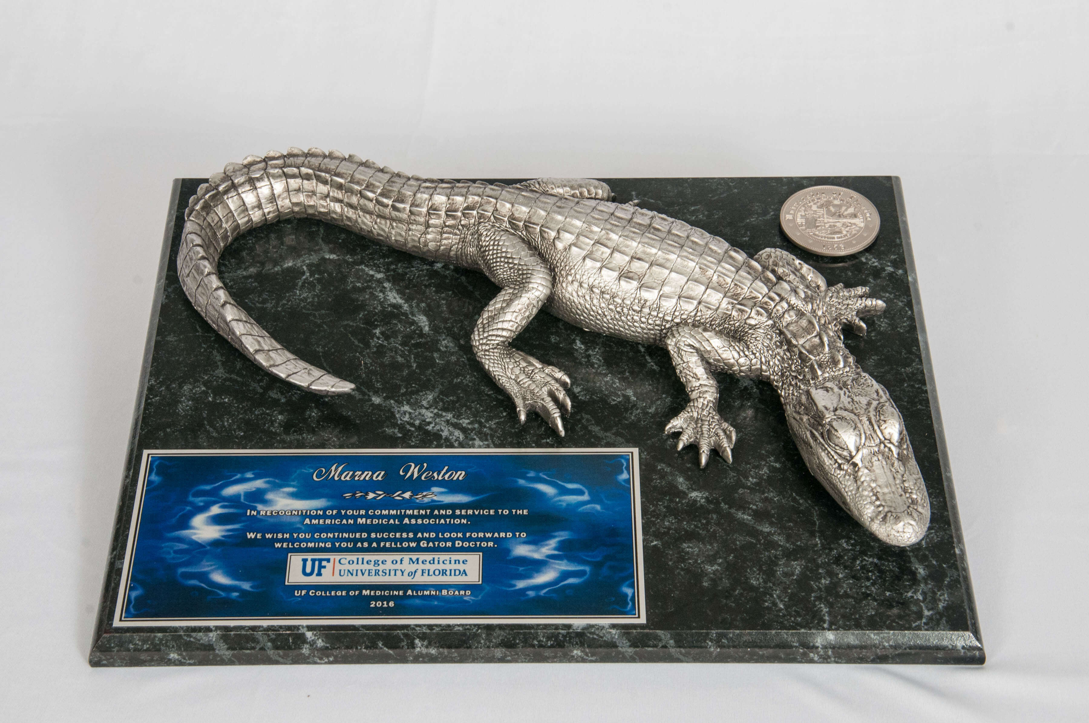 Large Pewter Gator on 15 x 12 Black Marble Base