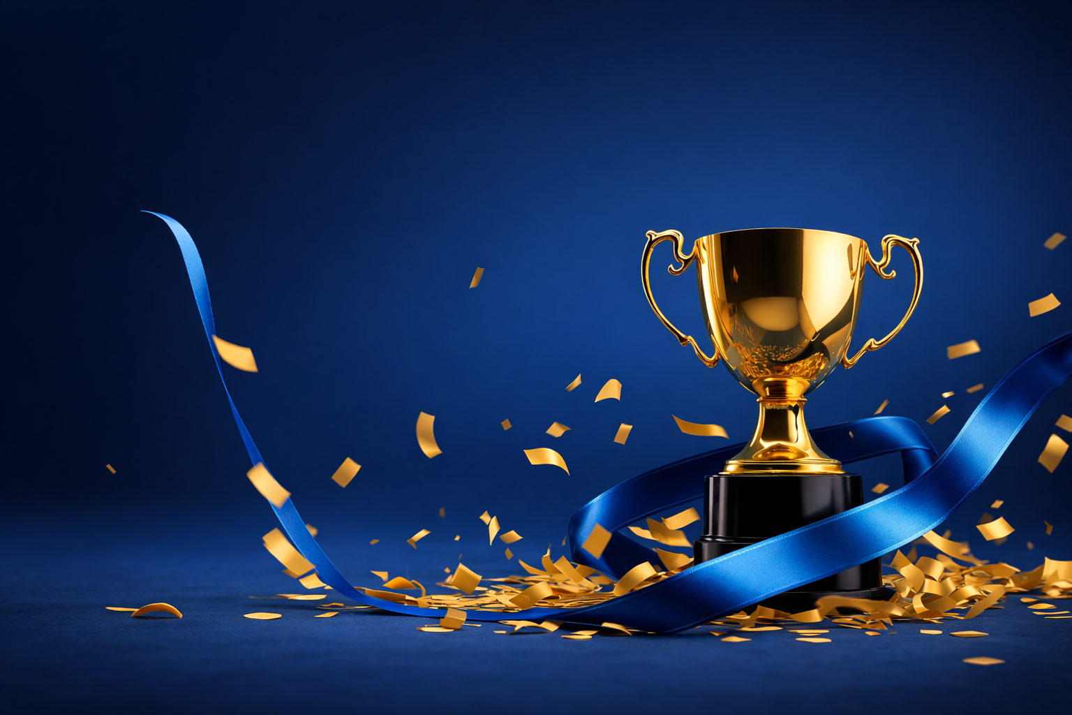 Gold trophy with blue ribbon and confetti on a dark blue background