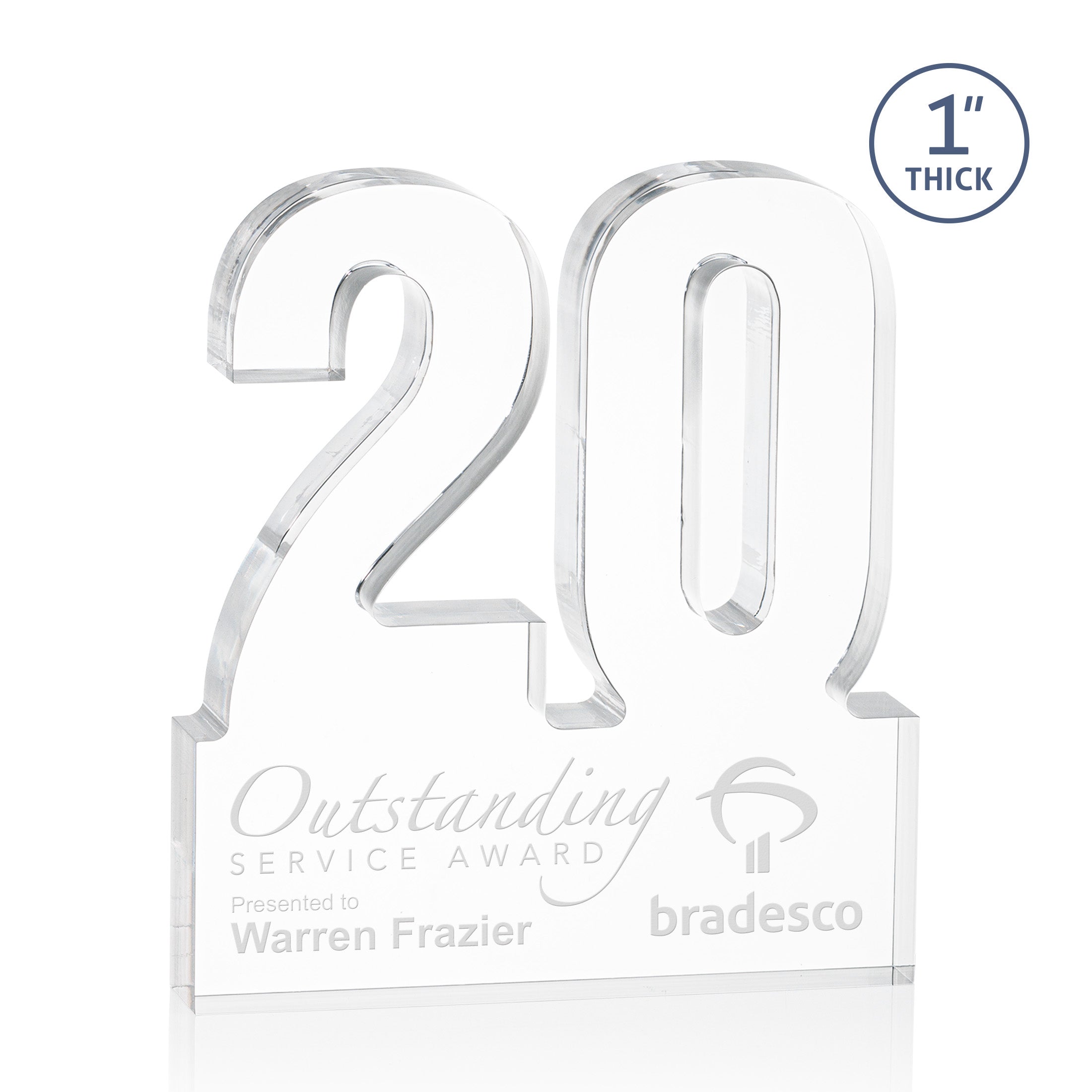 acrylic cut out in the shape of a twenty with space at the bottom for personalization