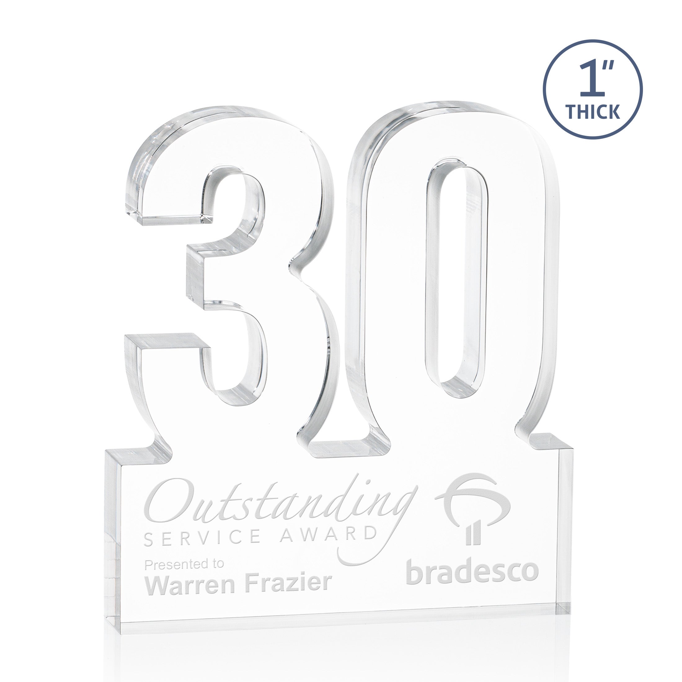 acrylic cut out in the shape of a thirty with space at the bottom for personalization