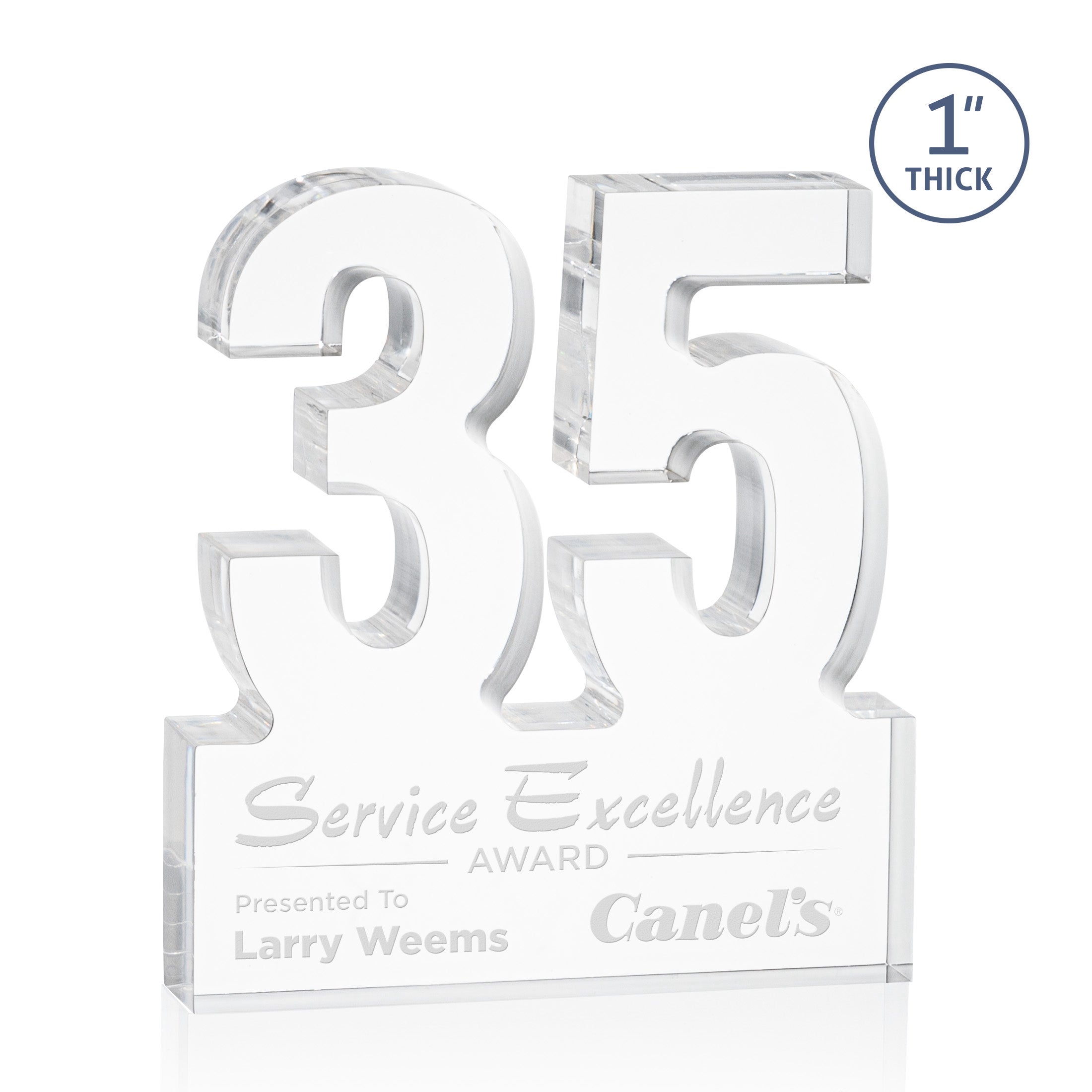 acrylic cut out in the shape of a thirty five with space at the bottom for personalization