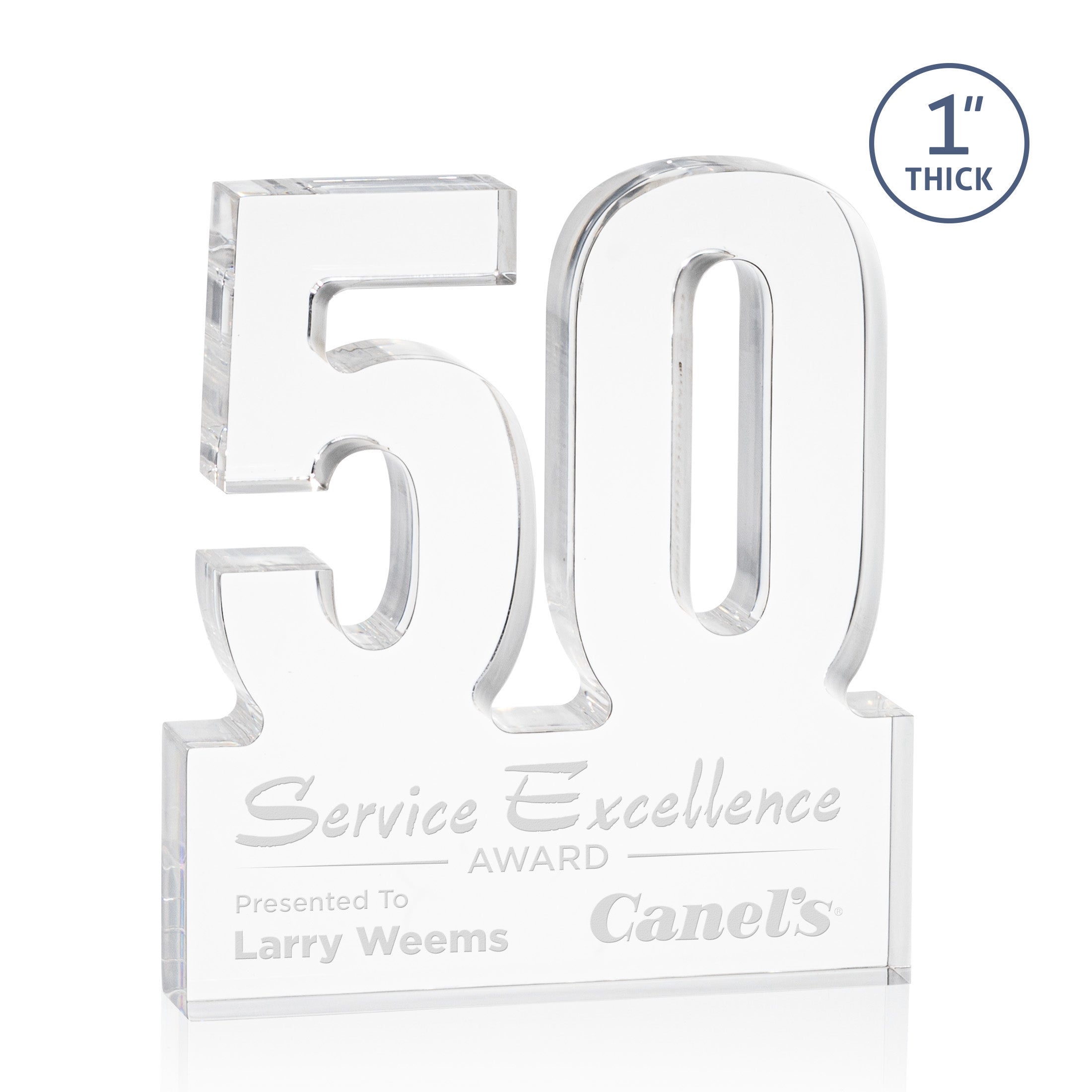 acrylic cut out in the shape of a fifty with space at the bottom for personalization