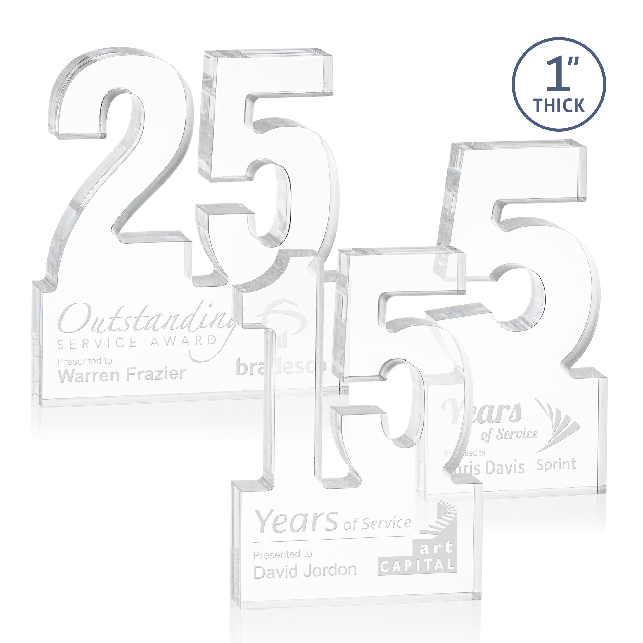 group of acrylic cut out awards for 5, 15 and 25 years