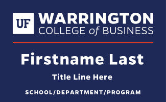 Warrington Name tag with name on one line, title below name, and school, program or department below title
