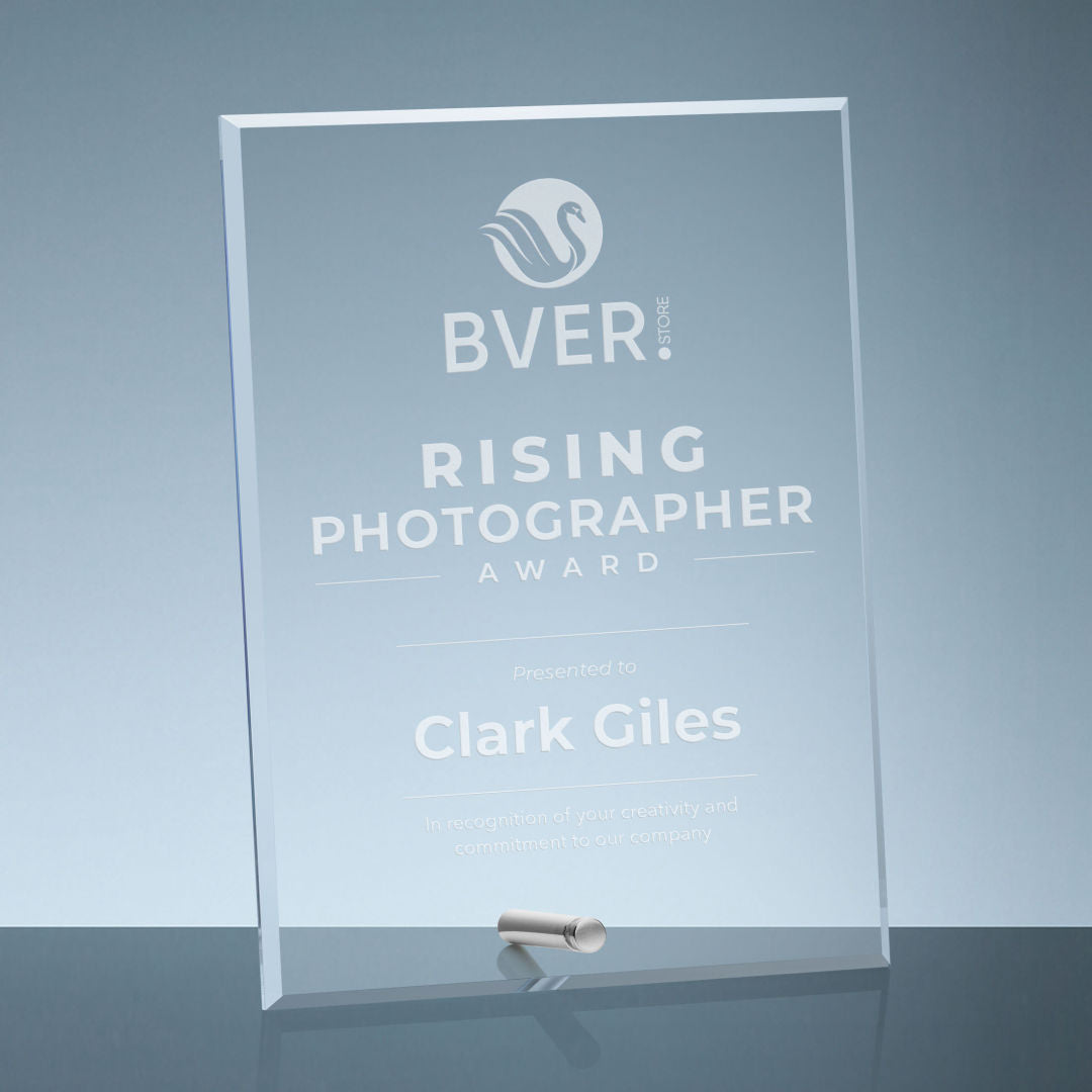 clear acrylic plaque with silver peg at bottom for stand